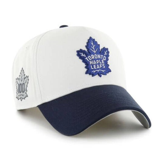 An adjustable Toronto Maple Leafs baseball cap with a white brim and blue crown, featuring the team's logo.