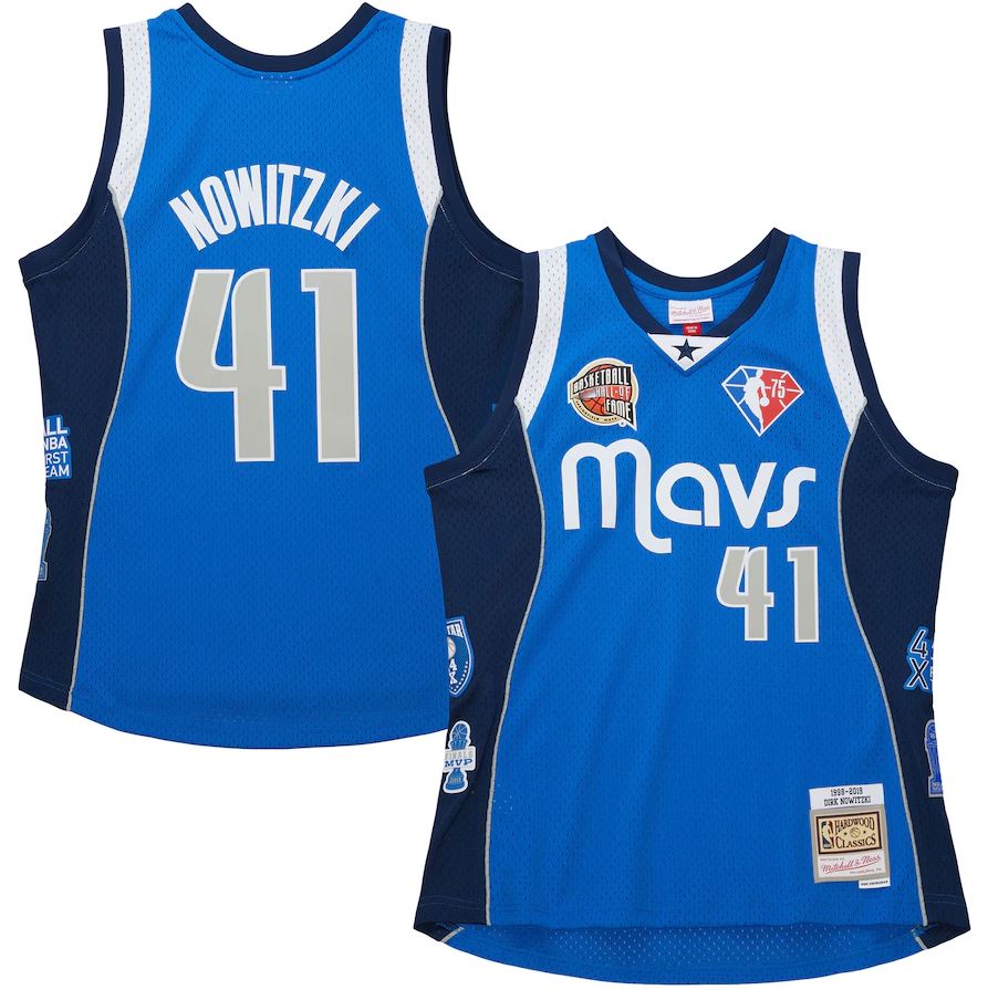 Blue basketball jersey with 'Nowitzki' and number '41', featuring the 'Mavs' logo.