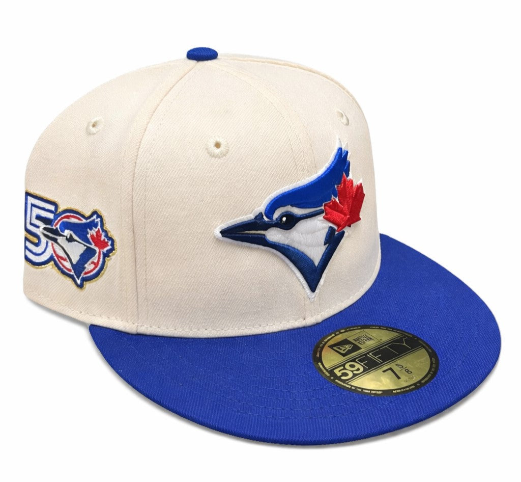 New Era 59FIFTY MLB Toronto Blue Jays Two Tone 50th Anniversary Side Patch Custom Collection Fitted Hat - Off White/Blue