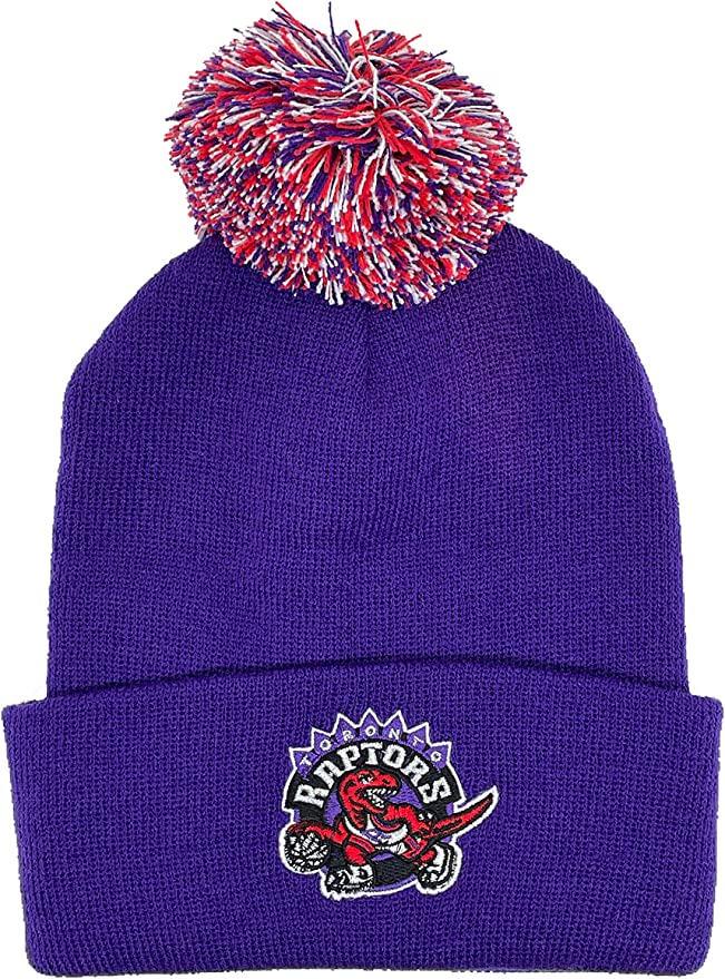 Toronto Raptors Mitchell & Ness Hardwood Classics Dino Logo Cuffed Pom Knit Purple Hat