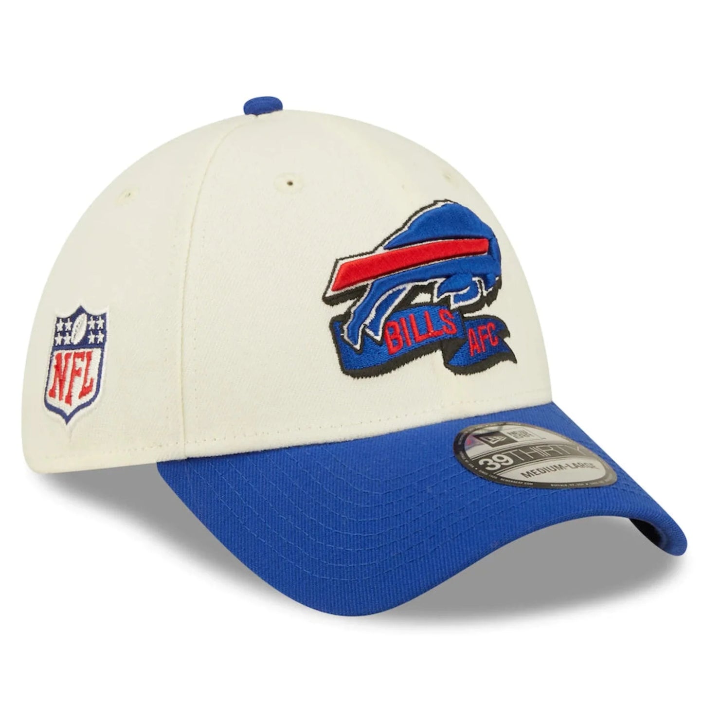 Buffalo Bills 2022 Sideline New Era 39THIRTY Stretch Fit Hat- Cream / Royal