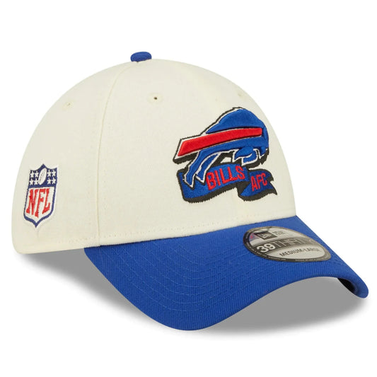 Buffalo Bills 2022 Sideline New Era 39THIRTY Stretch Fit Hat- Cream / Royal
