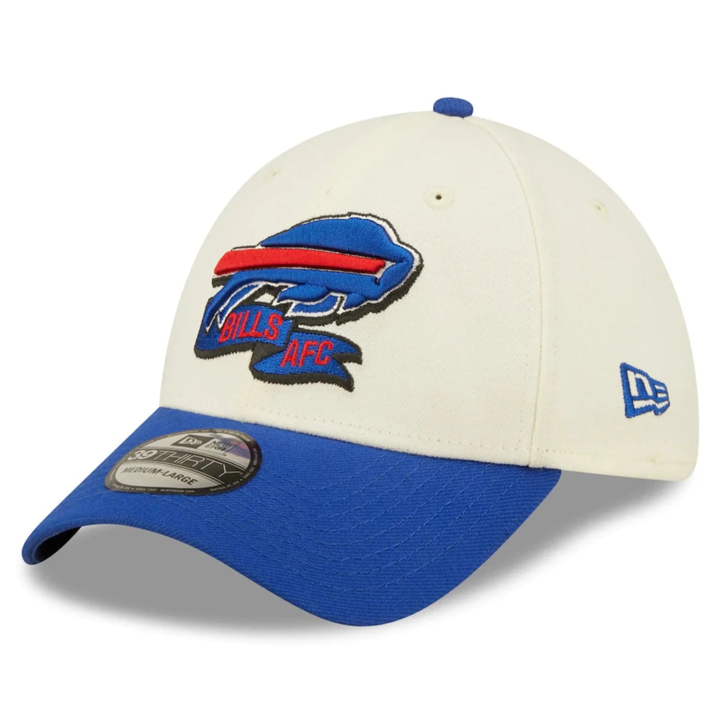 Buffalo Bills 2022 Sideline New Era 39THIRTY Stretch Fit Hat- Cream / Royal