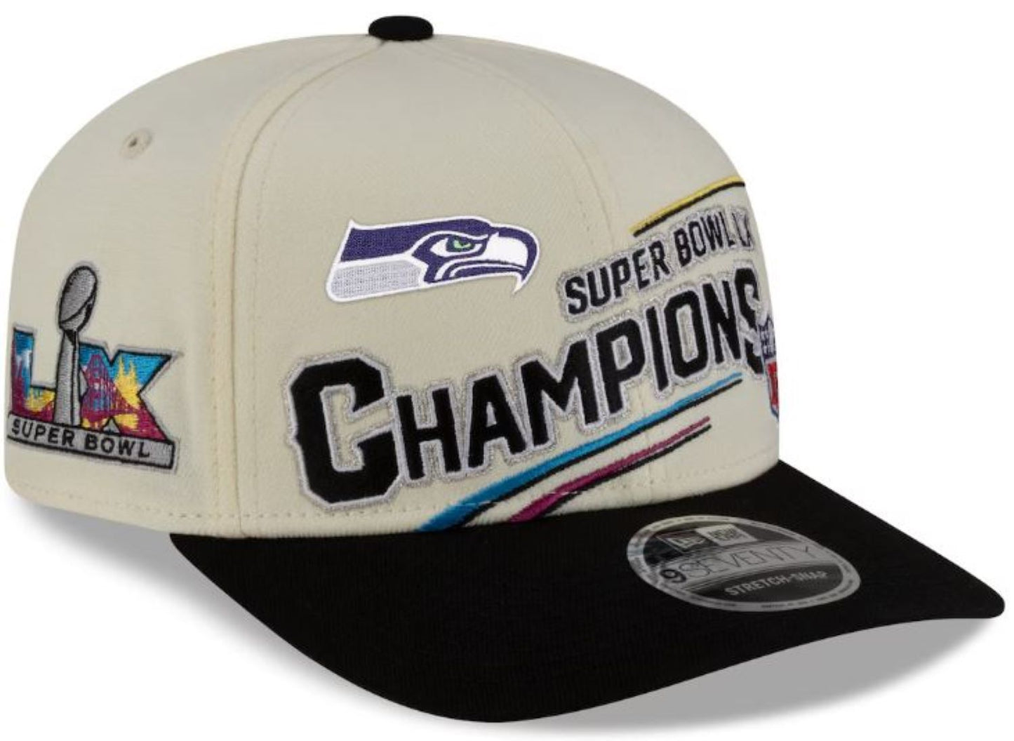 New Era 9SEVENTY NFL Seattle Seahawks Super Bowl LX Champions Locker Room Trophy Collection Adjustable Snapback Hat - Cream/Black