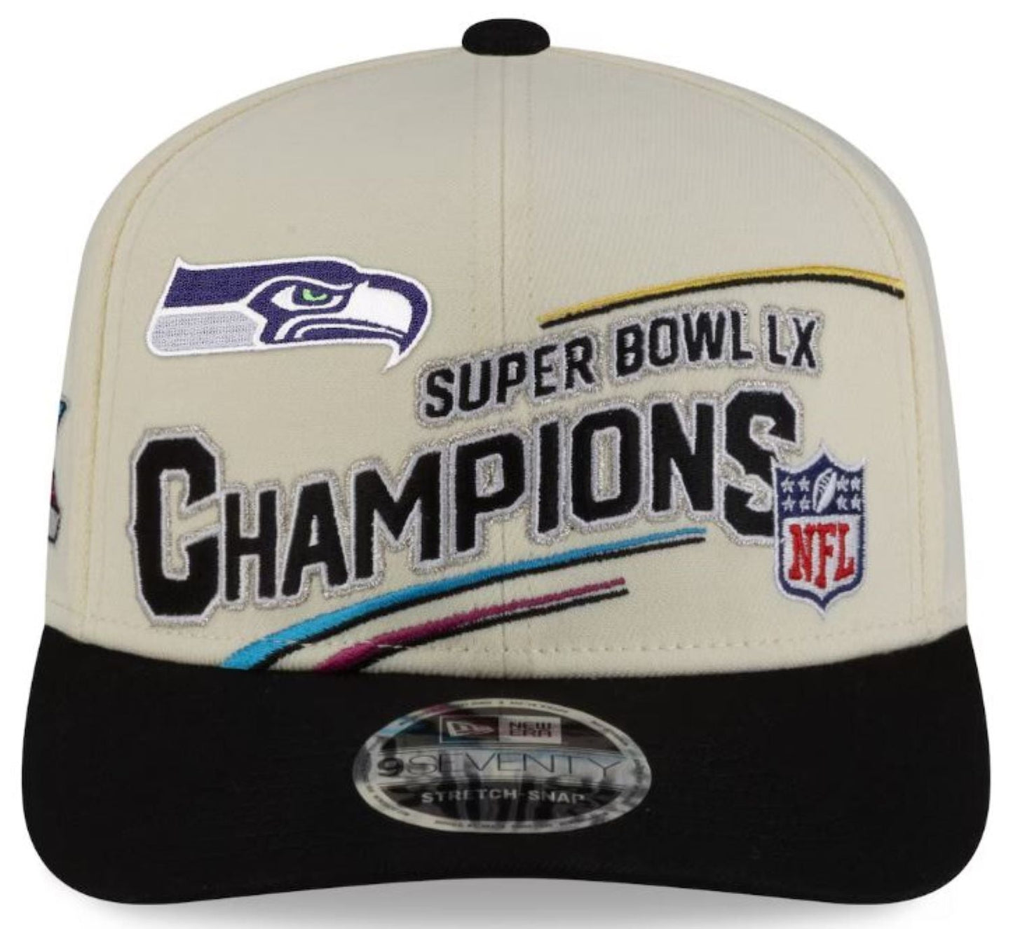 New Era 9SEVENTY NFL Seattle Seahawks Super Bowl LX Champions Locker Room Trophy Collection Adjustable Snapback Hat - Cream/Black
