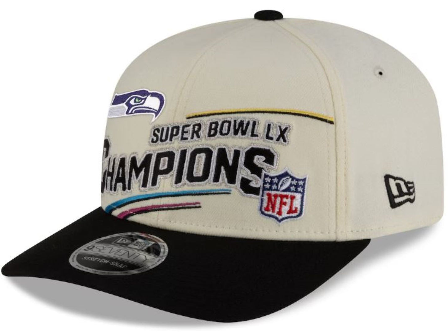New Era 9SEVENTY NFL Seattle Seahawks Super Bowl LX Champions Locker Room Trophy Collection Adjustable Snapback Hat - Cream/Black